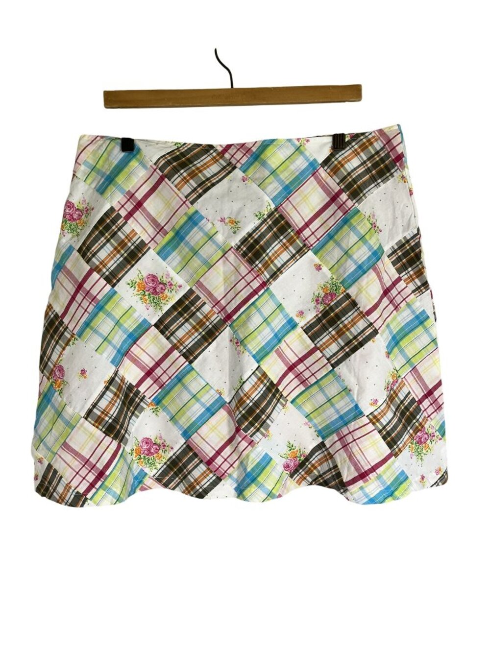 Colorful Floral Patchwork Mini Skirt XL Boho Indie Festival Cottage Plaid Chic‎